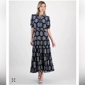 Tahari Blue and White Patterned Midi Dress